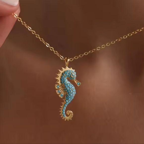 Jewelry - 18kgp Stainless Steel. Seahorse Pendant Necklace W Aqua Blue CZs